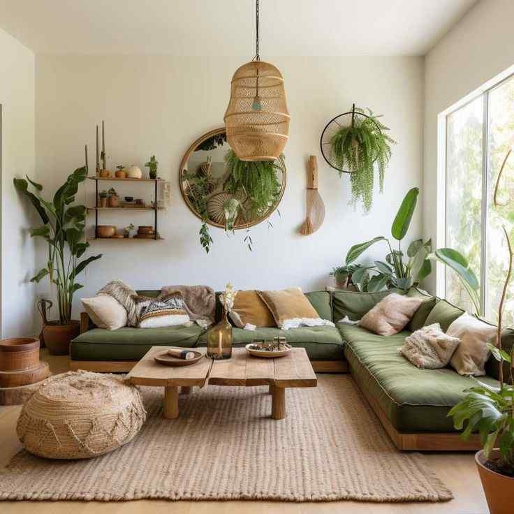 Bohemian Living Room Olive Green Sectional Exposed Wood Beams