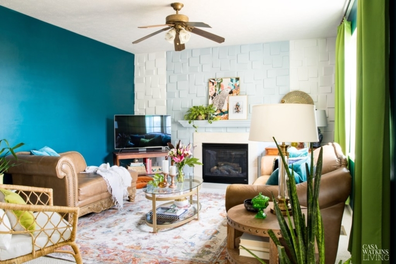 Bohemian Living Room with Teal Accent Wall & 3D Textured Panels