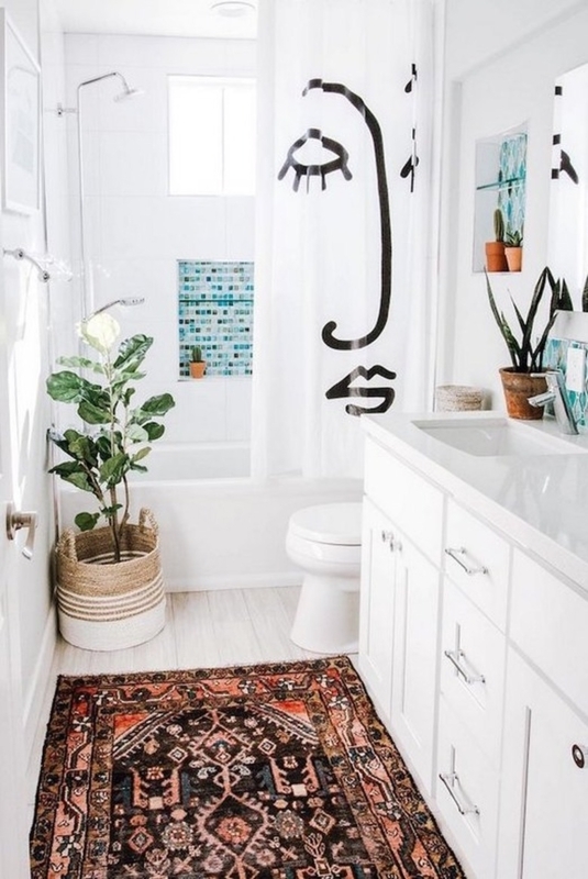 Boho Bathroom Face Print Shower Curtain, Oriental Rug. Eclectic White Decor.