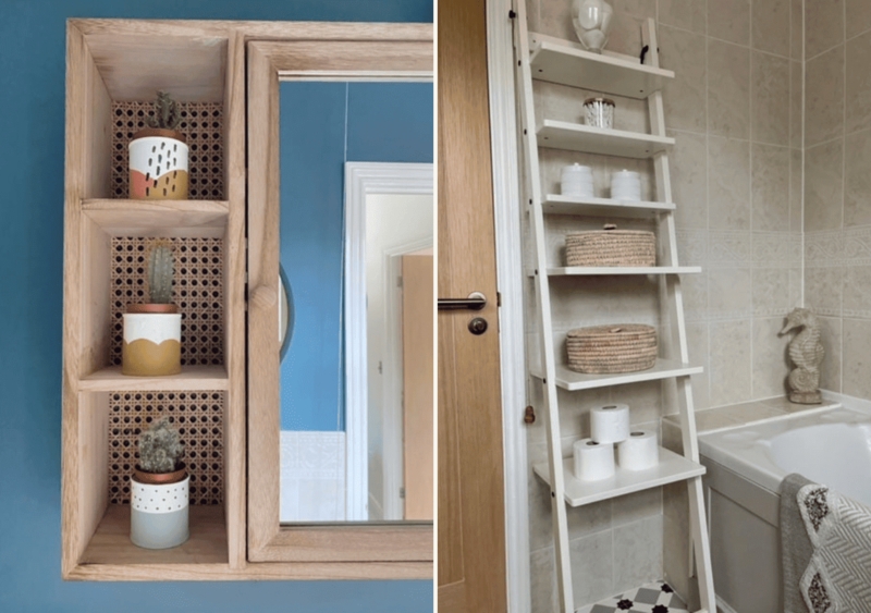 Boho Bathroom Organization: Leaning Ladder Shelf & Cane Cabinet