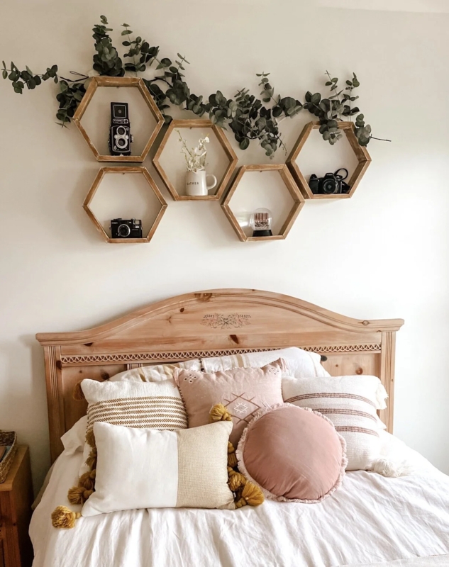 Boho Bed with Carved Headboard and Honeycomb Wall Shelf Bedroom Decor