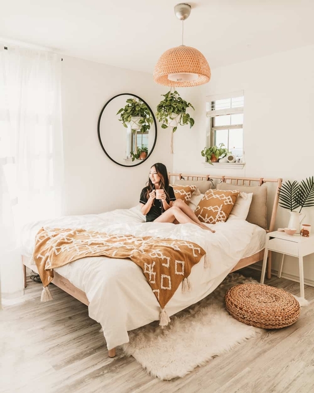 Boho Bed with Woven Rattan Lighting and Mustard Yellow Accents