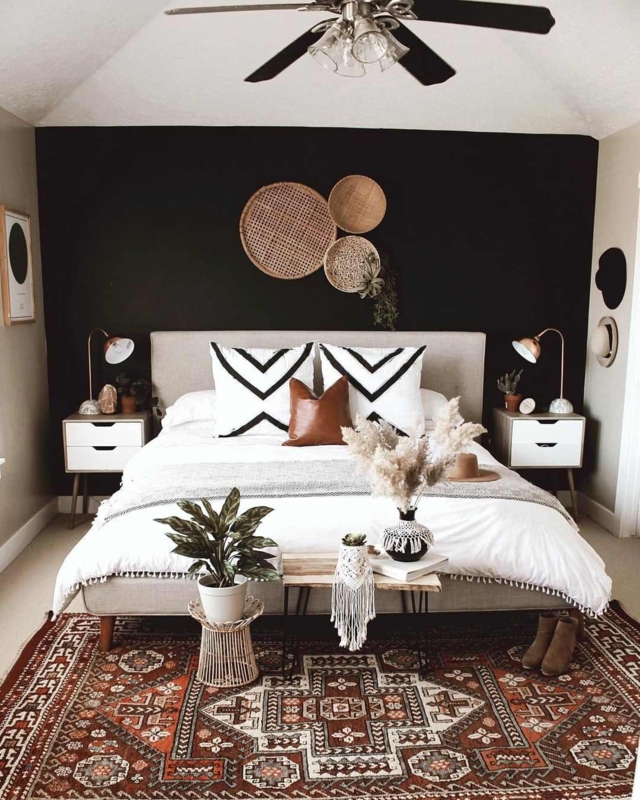 Boho Bed with Woven Wall Decor & Terracotta Rug | Accent Wall