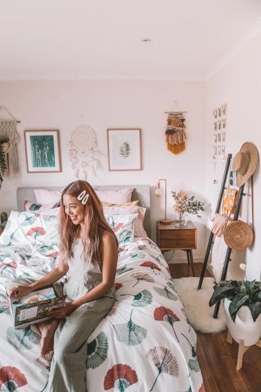 Boho Bedroom Botanical Bedding with Macrame Wall Gallery