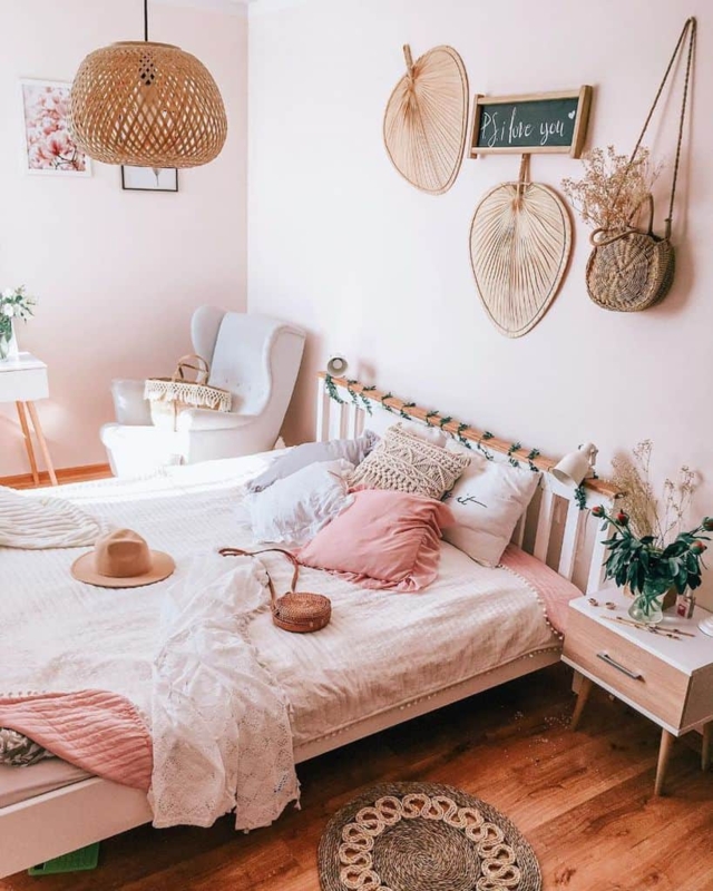 Boho Bedroom, Rattan Pendant Light, Macrame Pillow, Woven Wall Fans