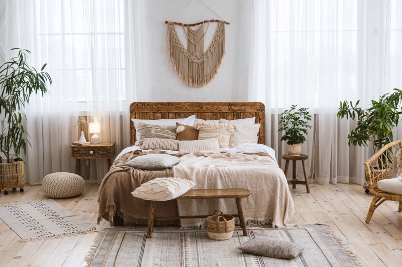 Boho Bedroom With Macrame Art And Rustic Wood Bed Frame Styling
