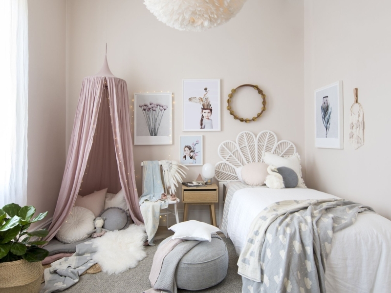 Boho Chic Kids Bedroom with Rattan Petal Headboard and Canopy