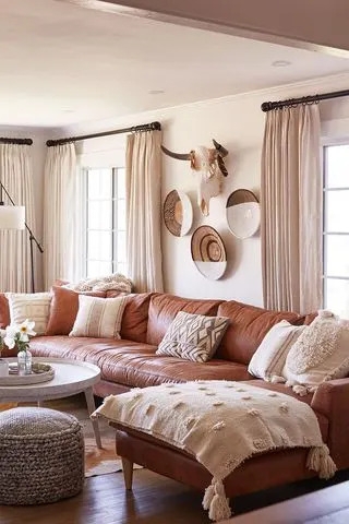 Boho Chic Living Room Curtains with Tan Leather Sectional