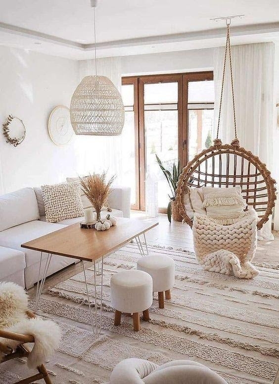 Boho Chic Living Room Decor featuring a Woven Indoor Hanging Chair
