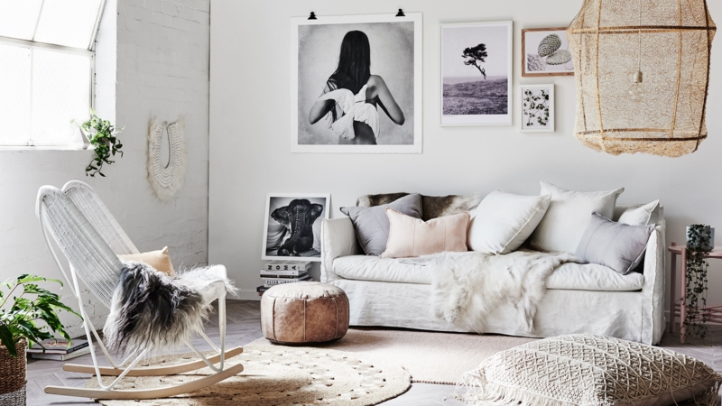 Boho Chic Living Room With White Slipcovered Sofa Styling