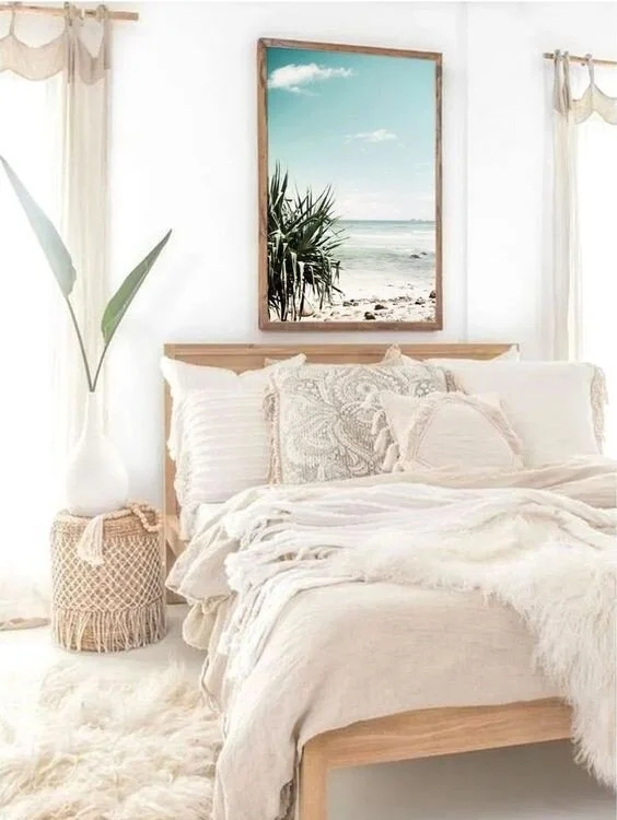 Boho Coastal Bedroom Retreat with Macrame Nightstand and Shaggy Rug