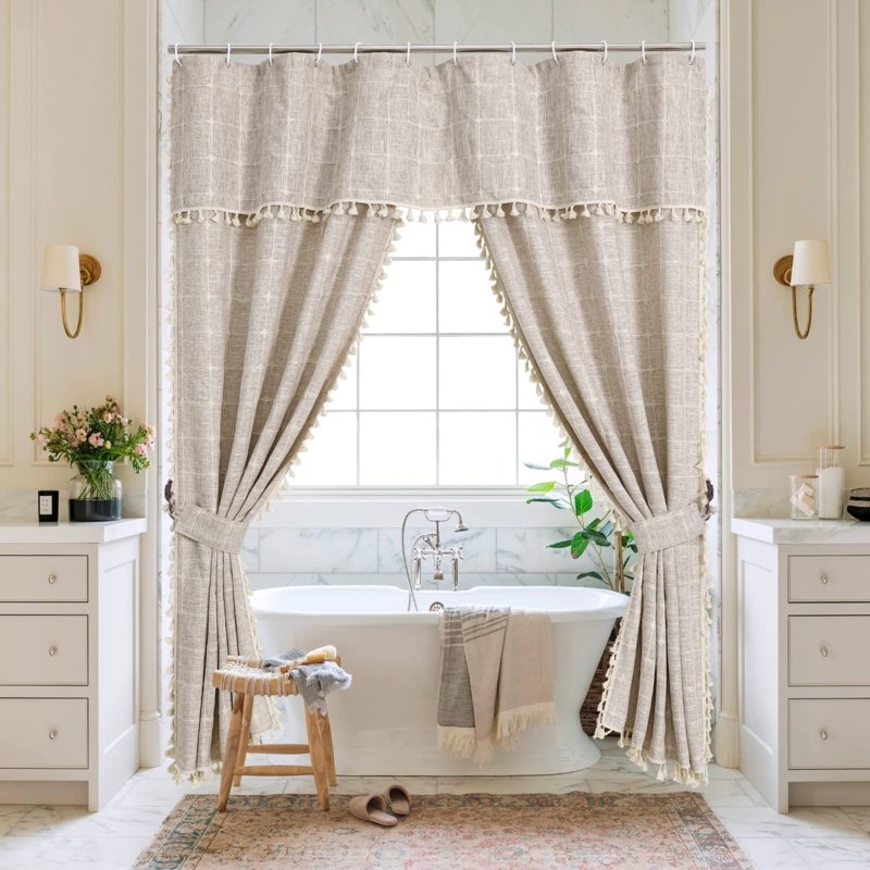 Boho Farmhouse Shower Curtain Set with Swag Valance and Tassel Trim