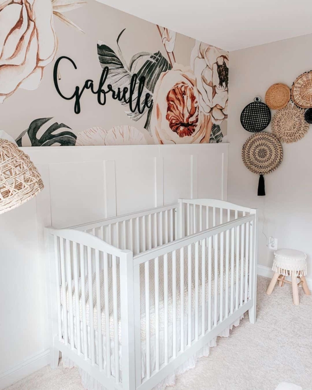 Boho Floral Mural & Board and Batten Nursery with White Crib