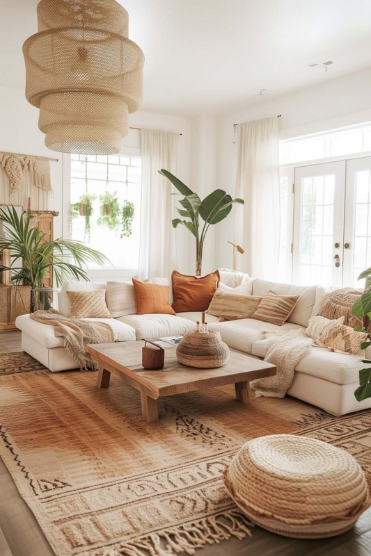 Boho Living Room With Oversized Woven Pendant Light