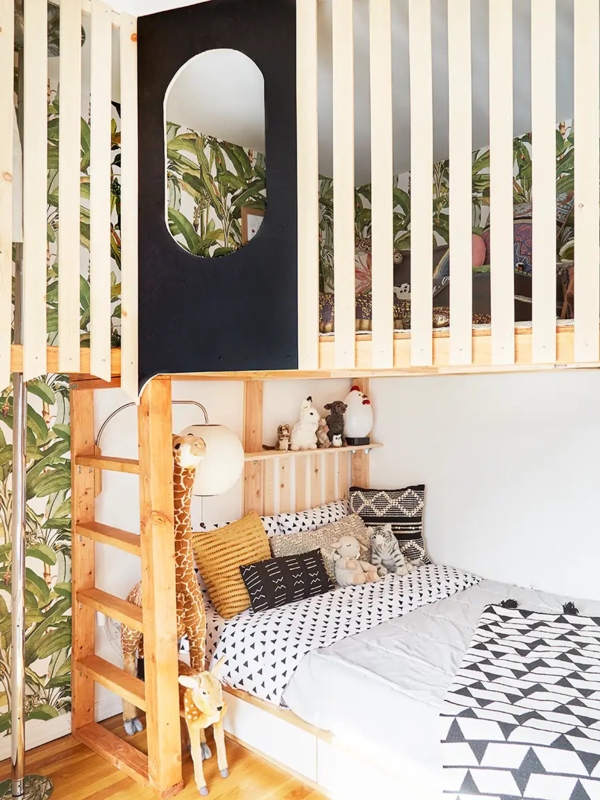 Boho Loft Bed with Custom Structure and Chalkboard Panel