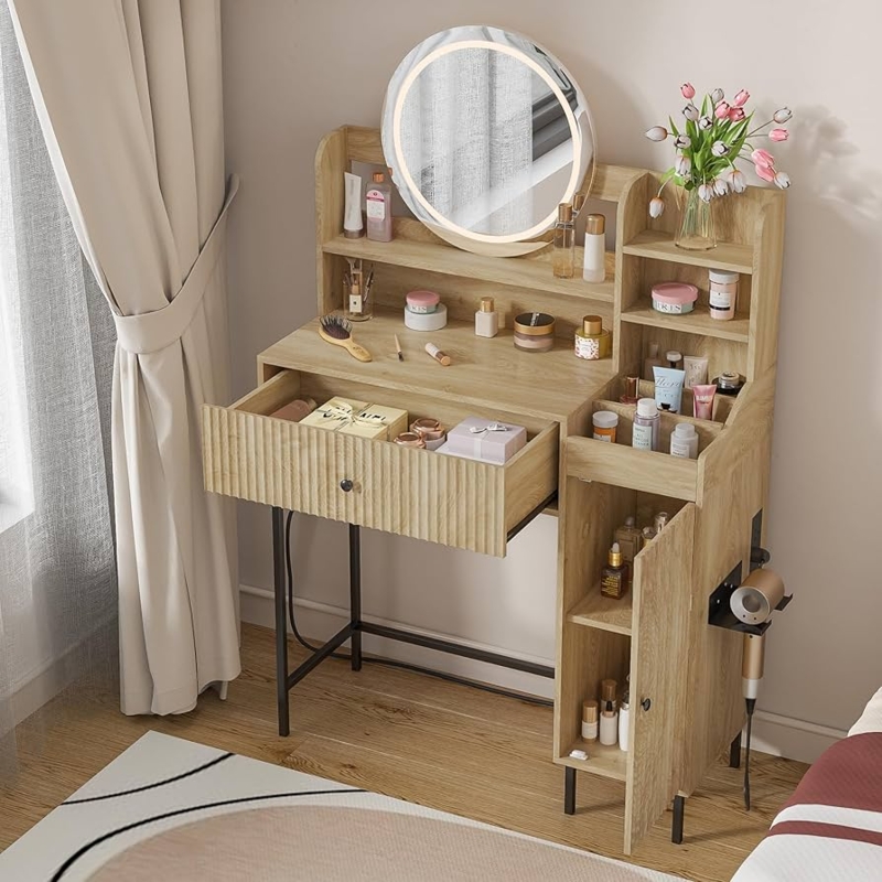 Boho Makeup Vanity with Fluted Drawer and Circular LED Mirror in Wood