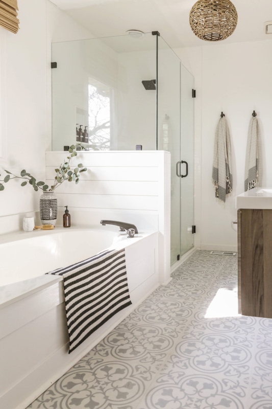 Boho Master Bathroom Ideas with Woven Pendant Light and Patterned Tile