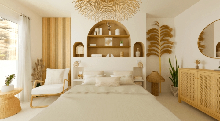 Boho Minimalist Bedroom Design featuring Arched Headboard Alcove
