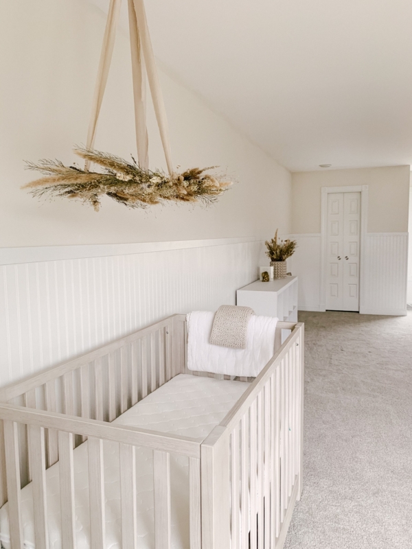 Boho Minimalist Nursery: White Beadboard Wall & Light Wood Crib