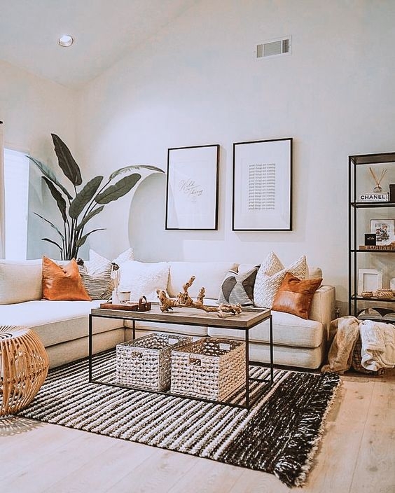 Boho Modern Living Room Layout Striped Area Rug Terracotta Accents