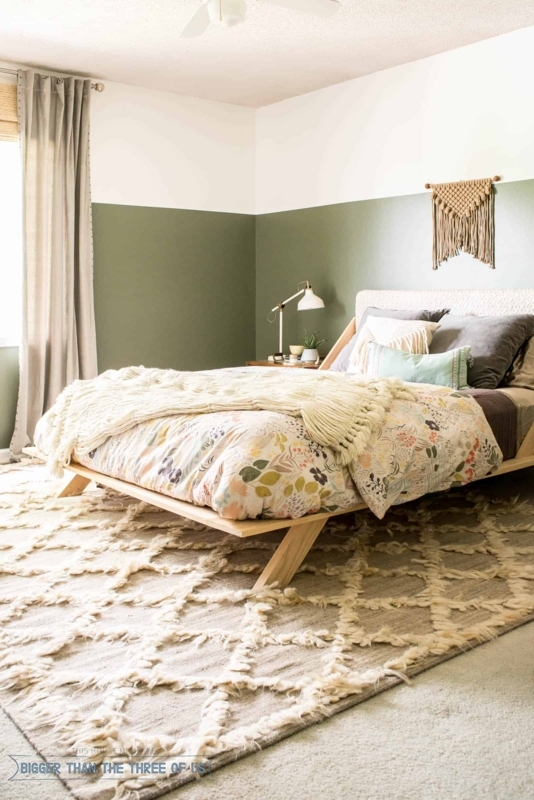 Boho Modern Platform Bed Styling against Olive Green Two Tone Walls