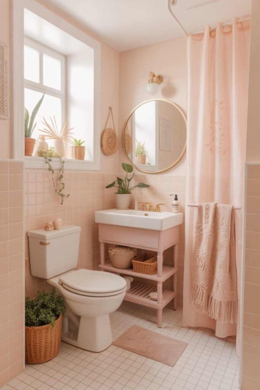 Boho Modern Vanity Organization in Blush Pink Bathroom