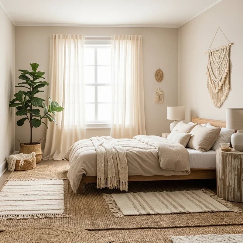 Boho Platform Bed with Layered Rugs and Macrame Wall Art
