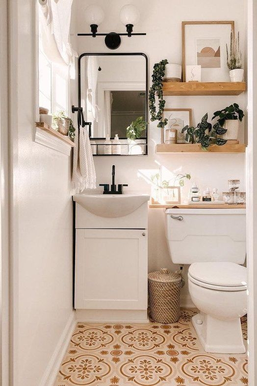 Boho Powder Room Design with Patterned Floor Tiles and Shelves