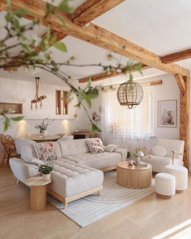 Boho-Rustic Living Room with Ribbed Wood Tables and Boucle Poufs