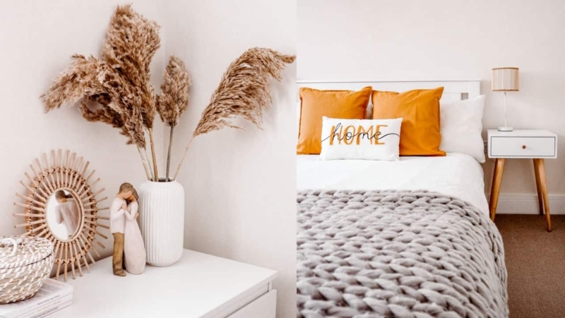 Boho Scandi Bedroom with Chunky Knit Throw and Ochre Pillows