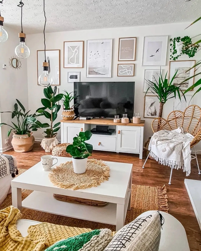 Boho Small Living Room Layout Petal Back Rattan Chair Gallery Wall