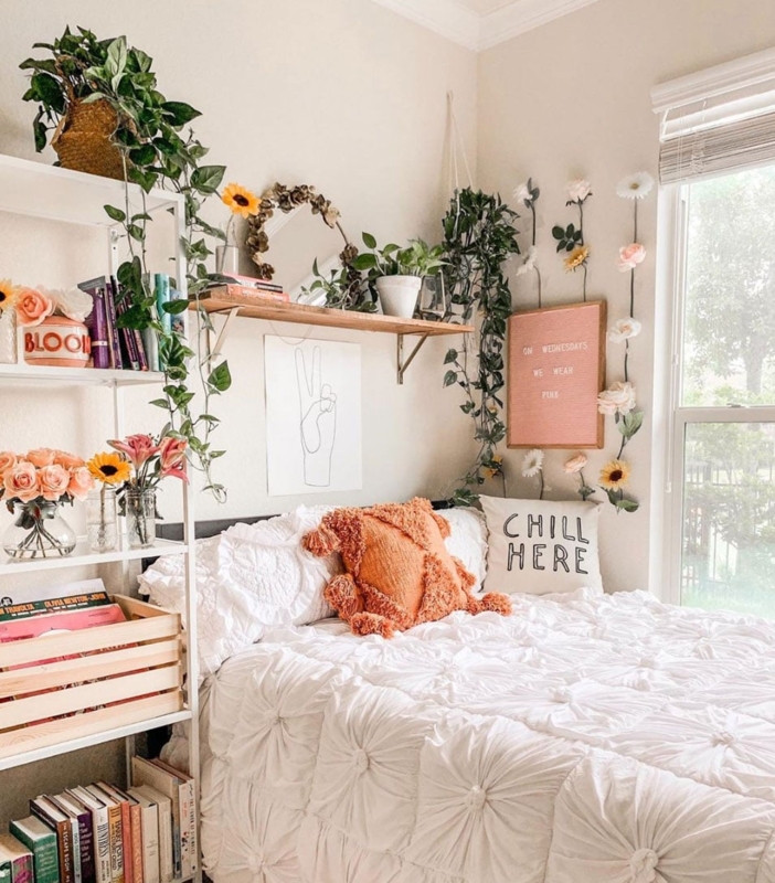 Boho Teen Bedroom with Botanical Wall Vines & Ruched Floral Bedding