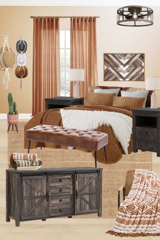 Boho Western Bedroom Decor Moodboard with Barn Door Dresser