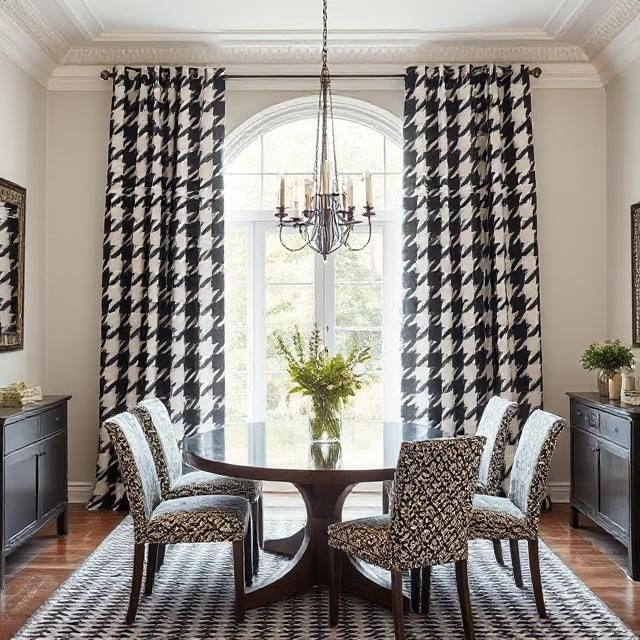 Bold Black and White Houndstooth Curtains on Arched Window