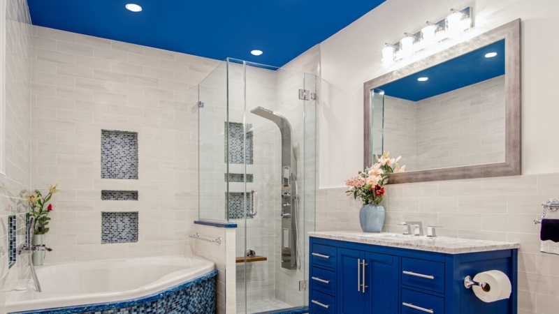 Bold Cobalt Blue Bathroom Ceiling and Matching Vanity