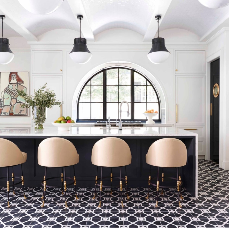 Bold Geometric Kitchen Floor Tile with Arched Window