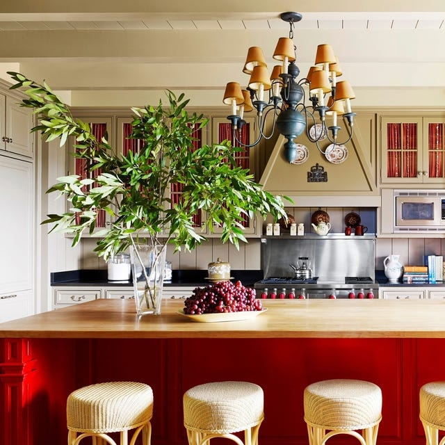 Bold Red Kitchen Island Styling with Traditional Chandelier Lighting