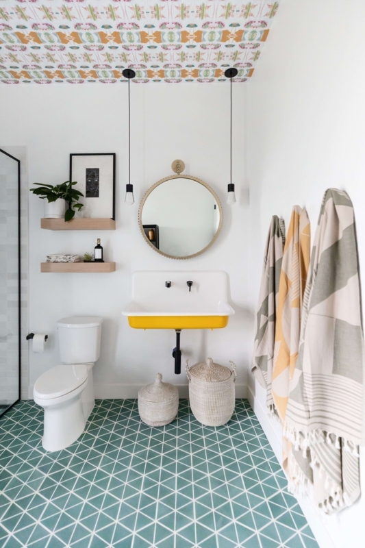 Bold Yellow Bathroom Sink Idea: Eclectic Wall-Mounted Shelving