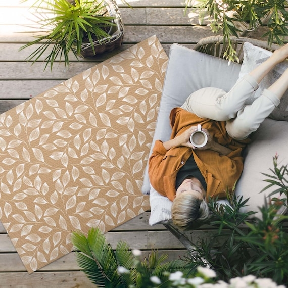 Botanical Area Rug Cream Mocha Twig Leaf Motif Flatweave Deck