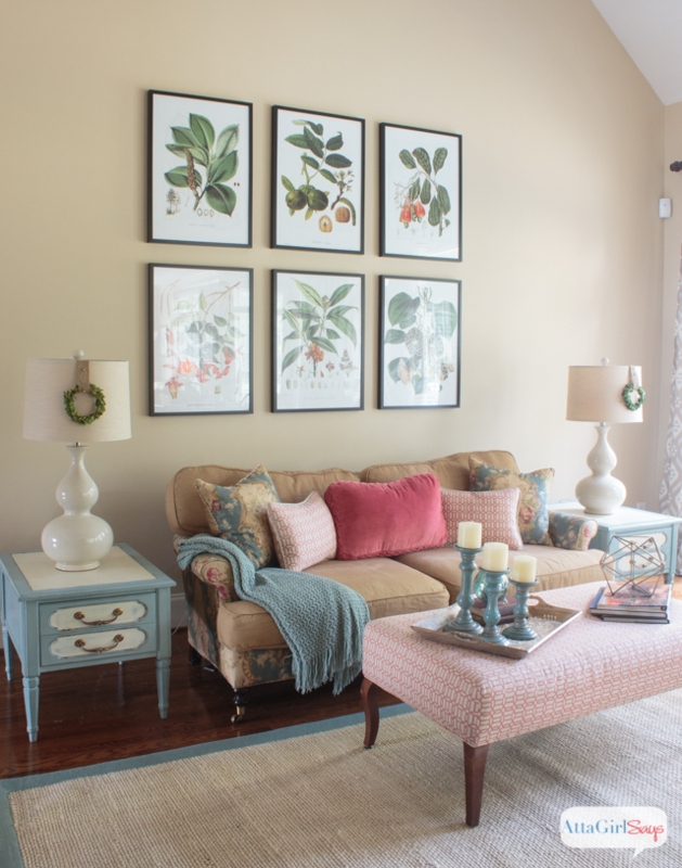 Botanical Gallery Wall Layout Ideas with Blue End Tables