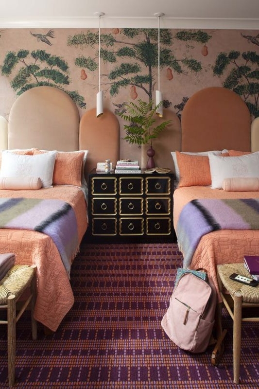 Botanical Mural Bedroom with Peach Arched Upholstered Headboards