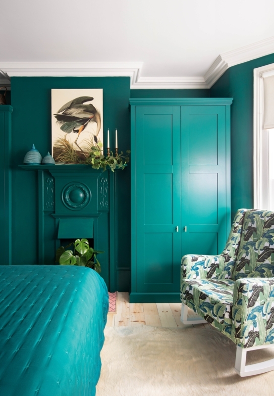 Botanical Print Accent Chair in Moody Maximalist Bedroom