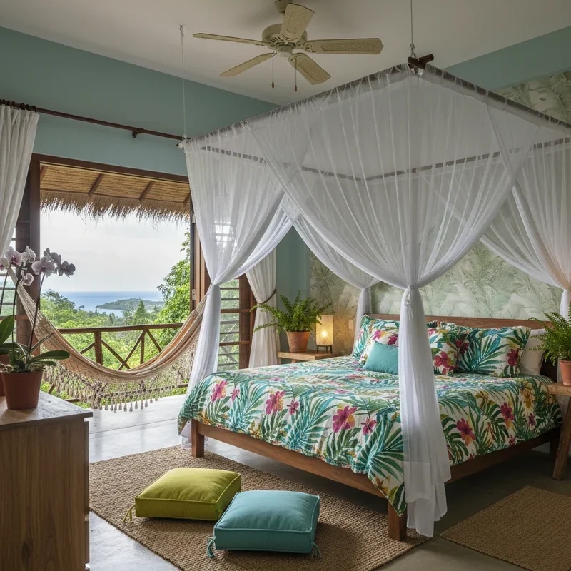 Botanical Print Bedding and Balcony View in an Island Resort Bedroom