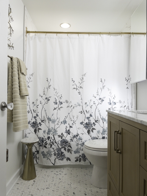 Botanical Print Shower Curtain with Brass Hardware and Hex Floor