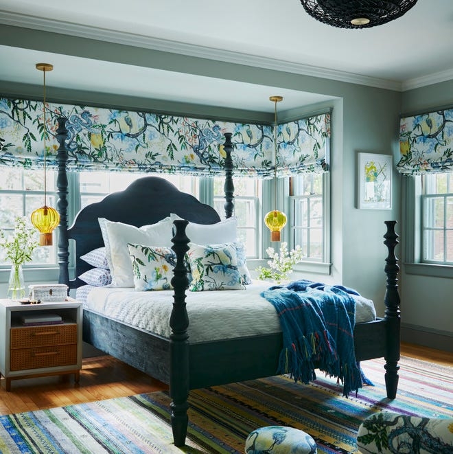Botanical Roman Shades and Scalloped Bed in Eclectic Bedroom