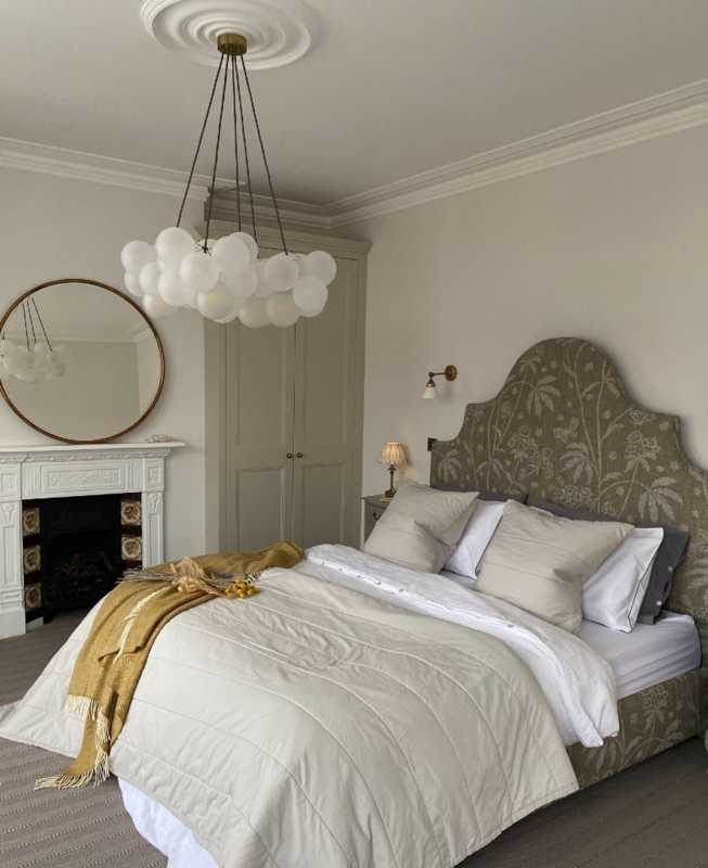 Botanical Upholstered Headboard with Bubble Chandelier Mustard Accent