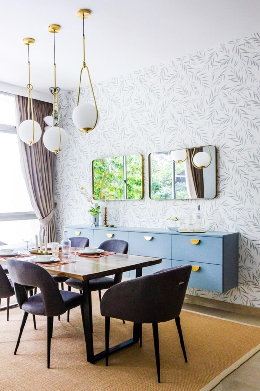 Botanical Wallpaper Dining Room Accent with Blue Floating Sideboard