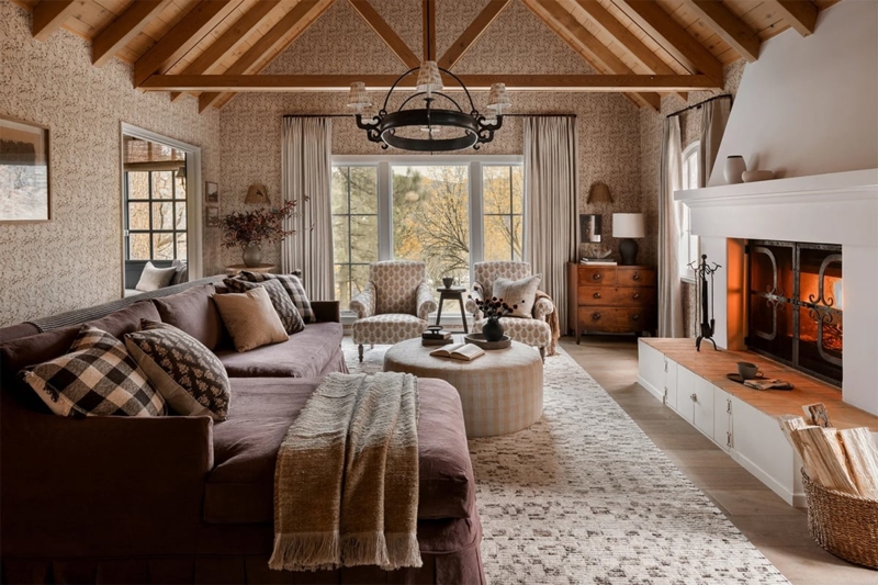 Botanical Wallpaper Living Room Ideas with Beamed Vaulted Ceiling