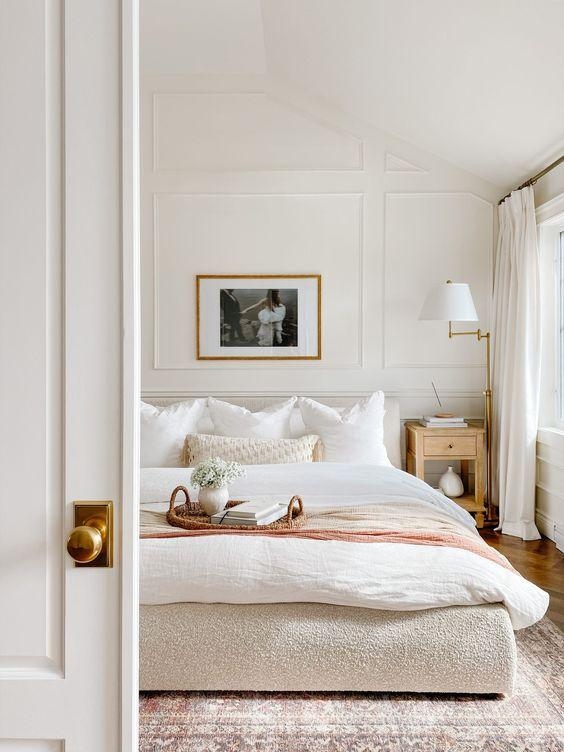 Boucle Bed Frame in Cozy Neutral Bedroom with Picture Frame Molding