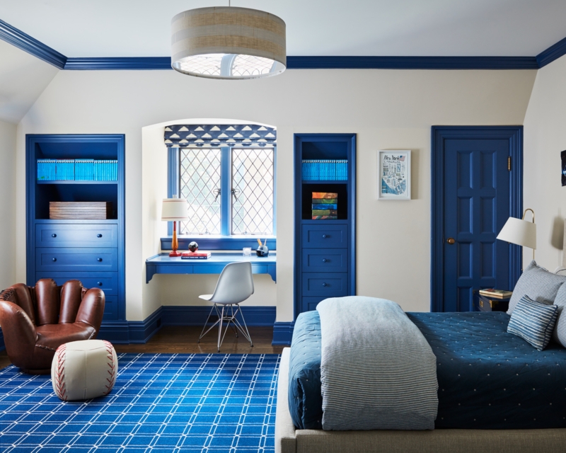 Boy's Bedroom with Baseball Glove Chair and Built-In Workspace